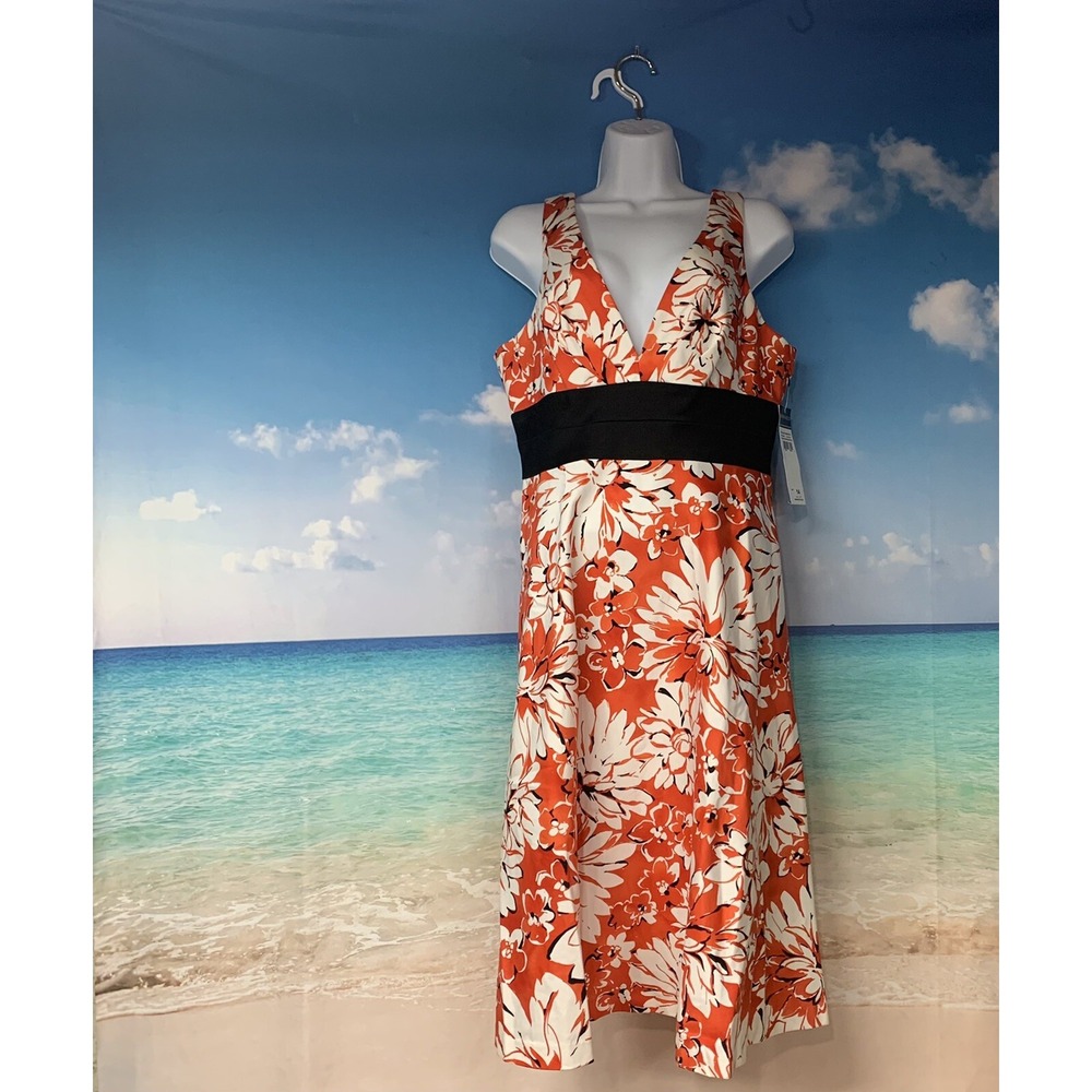 NWT DONNA RICCO Orange Black Floral Dress.   Sleeveless‎ Size 14